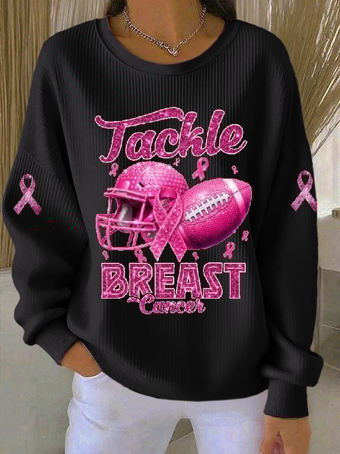 Women's Casual Breast Cancer Awareness Rugby Sweatshirt