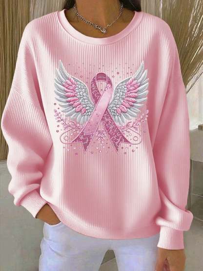 Women's Casual Pink Ribbon Wings Textured Sweatshirt