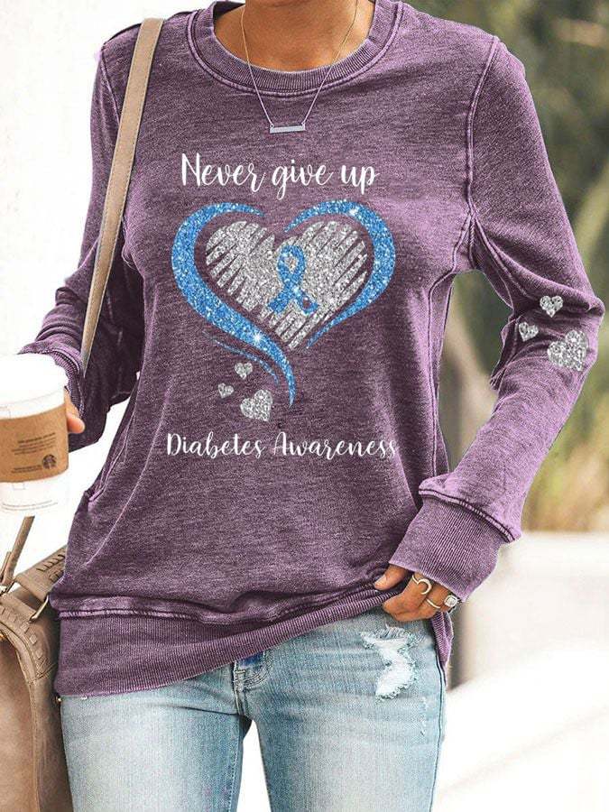 Women's Diabetes Awareness Never Give Up Print Casual Sweatshirt