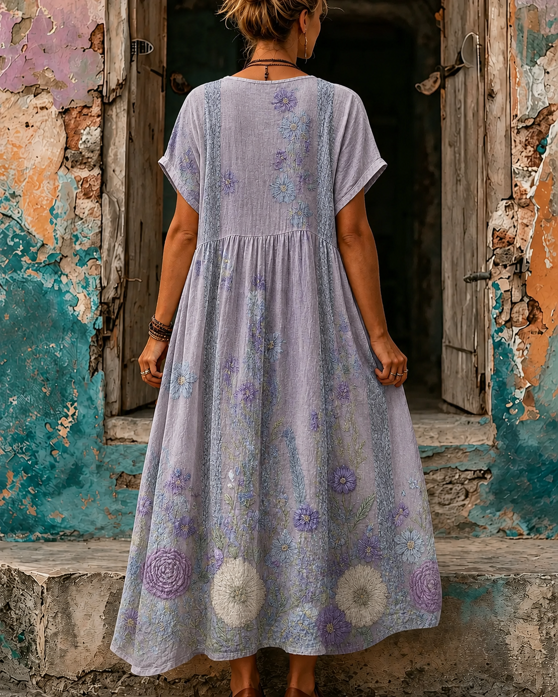 Women's Vacation Linen Boho Floral Print V-Neck Short Sleeve Maxi Dress