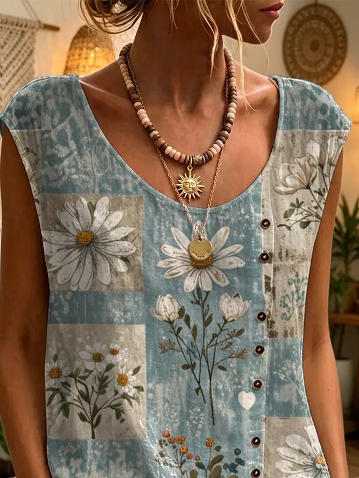 Ethnicity Bohemian Style Flowers Women's Art Print Casual Round Neck No Sleeve Cotton Shirt