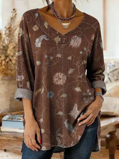 Women's Denim-colored Patchwork Pattern Art Print Casual Washed Denim Cotton Shirt
