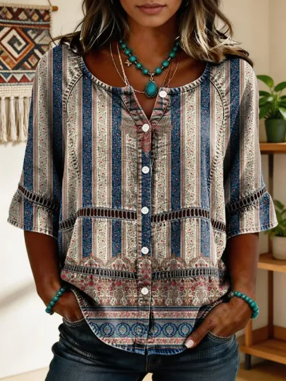 Women's Retro Ethnic-print Artistic Tie-front Button-down Short-sleeve Shirt
