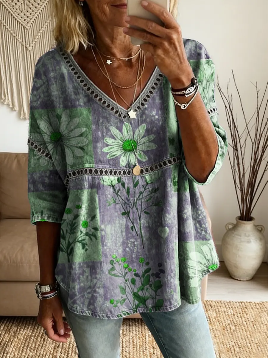 Ethnicity Bohemian Style Flowers Women's Vintage Art Print Casual V Neck Cutout Top