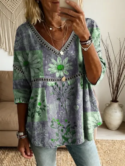 Ethnicity Bohemian Style Flowers Women's Vintage Art Print Casual V Neck Cutout Top