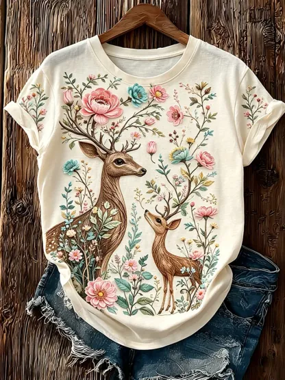 Women's Deer & Floral Art Print Round Neck T-Shirt