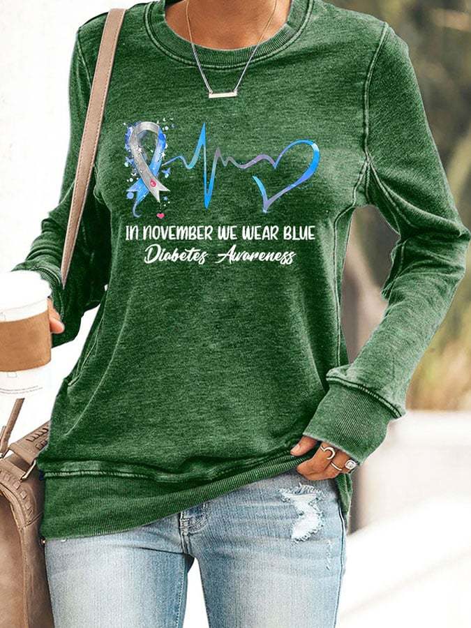 Women's In November We Wear Blue Diabetes Awareness Printed Casual Sweatshirt