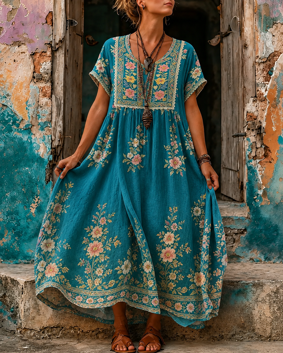 Women's Vacation Linen Boho Floral Print V-Neck Short Sleeve Maxi Dress