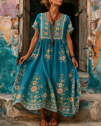 Women's Vacation Linen Boho Floral Print V-Neck Short Sleeve Maxi Dress