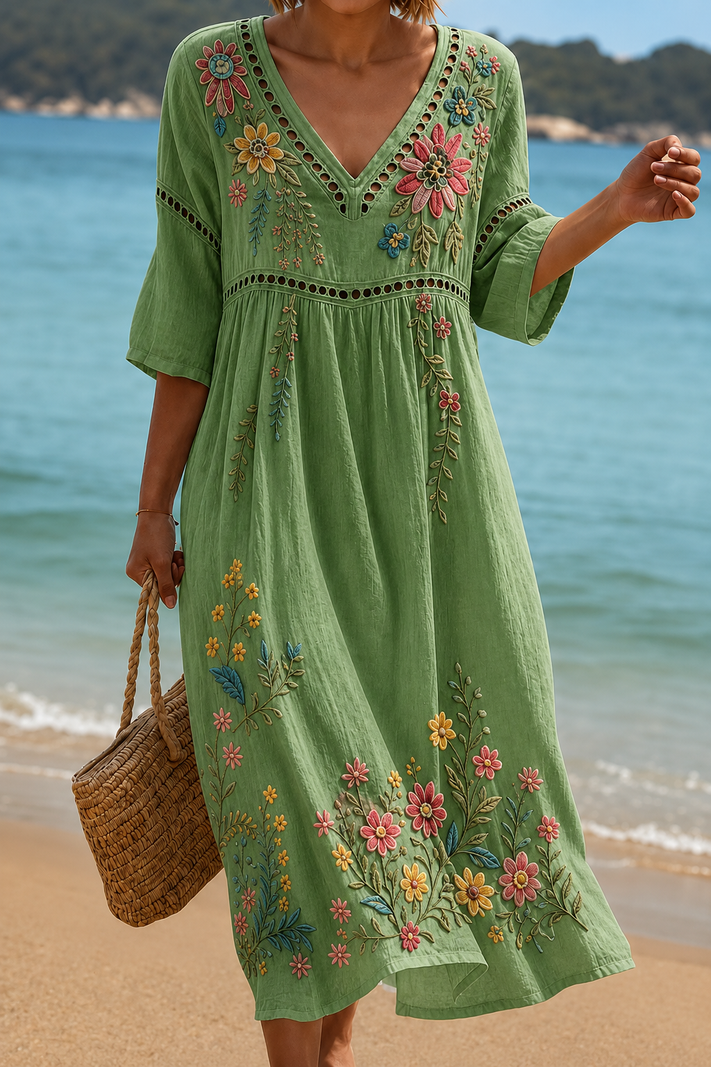 Women's Vacation Linen Boho Floral Print V-Neck Short Sleeve Maxi Dress