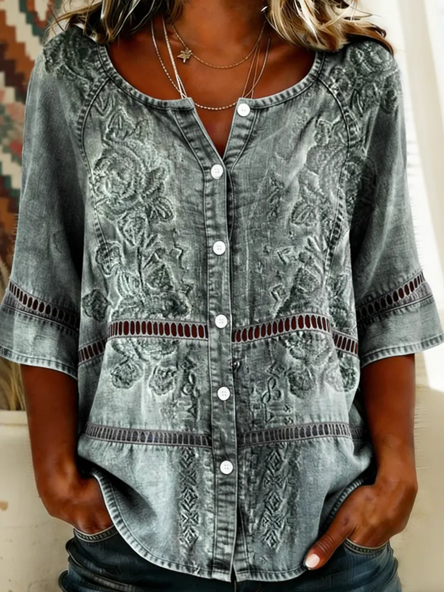 Women's Floral Print Round Neck 3/4 Sleeve Lace Cutout Shirt