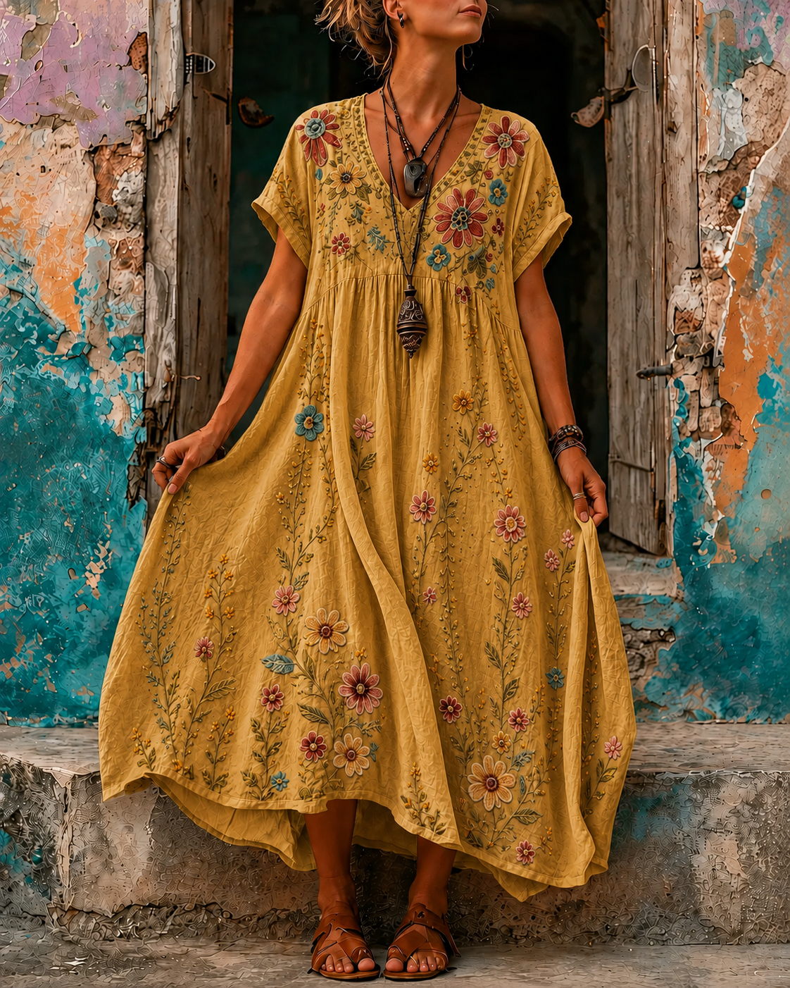 Women's Vacation Linen Boho Floral Embroidery V-Neck Short Sleeve Maxi Dress