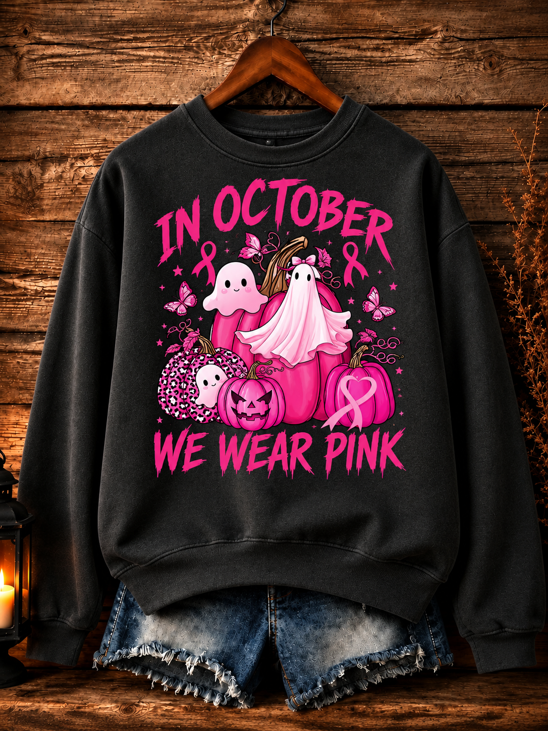 In October We Wear Pink Pattern Crew Neck Sweatshirt