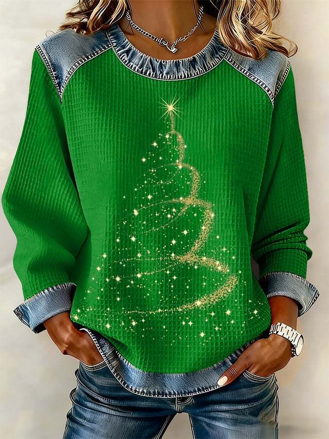 Retro Golden Christmas Tree Print Sweatshirt