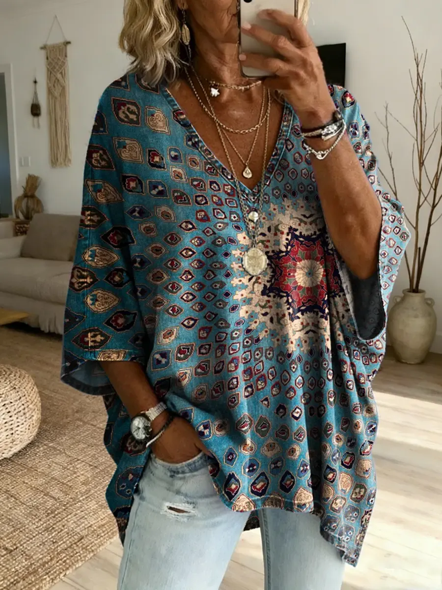 Ethnicity Geometry Kaleidoscope Women's Art Print Casual Washed Cotton Denim Top