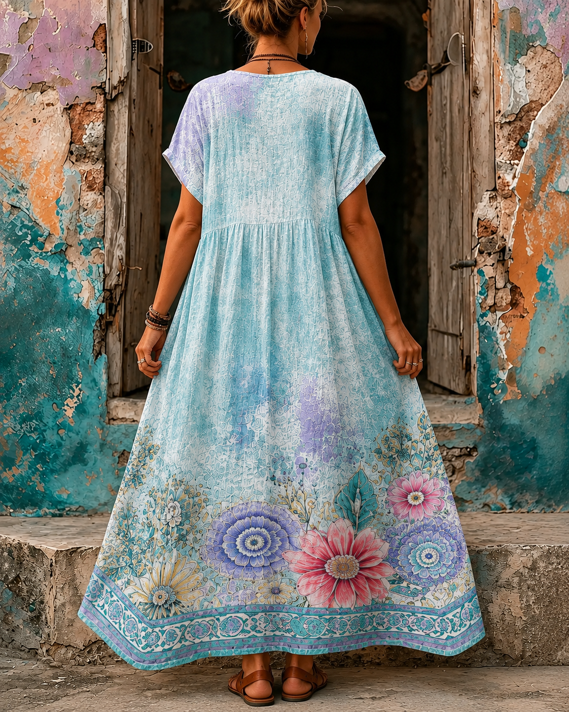 Women's Vacation Linen Floral Print V-Neck Short Sleeve Maxi Dress