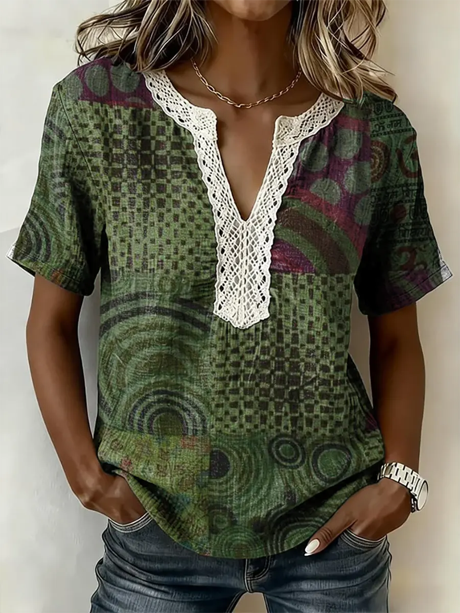 Women's Ethnic Patchwork Print Short-Sleeve Lace-Trimmed V-Neck Shirt