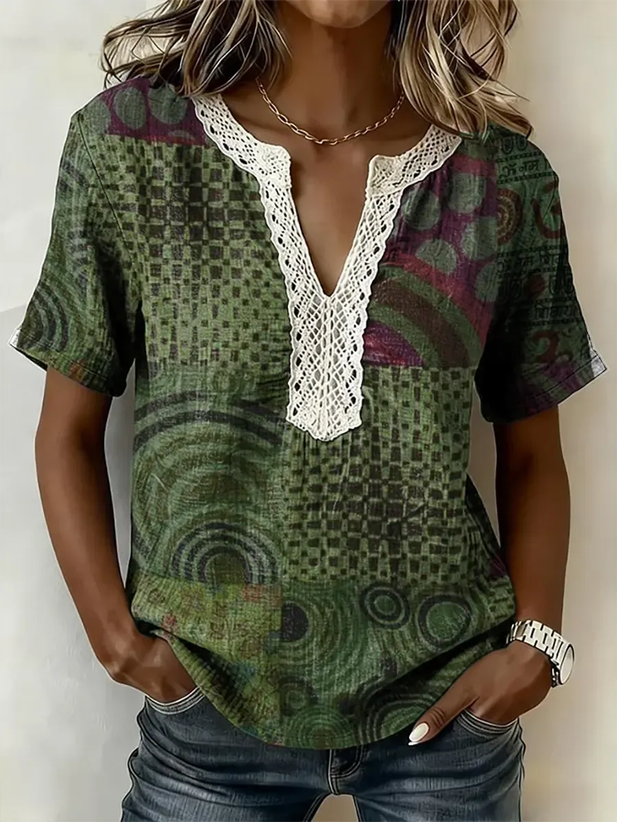 Women's Ethnic Patchwork Print Short-Sleeve Lace-Trimmed V-Neck Shirt