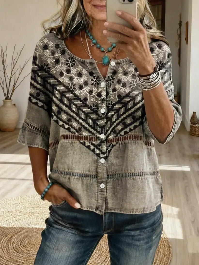 Women's Retro-Textured Ethnic Floral Art Print Casual Cutout Top