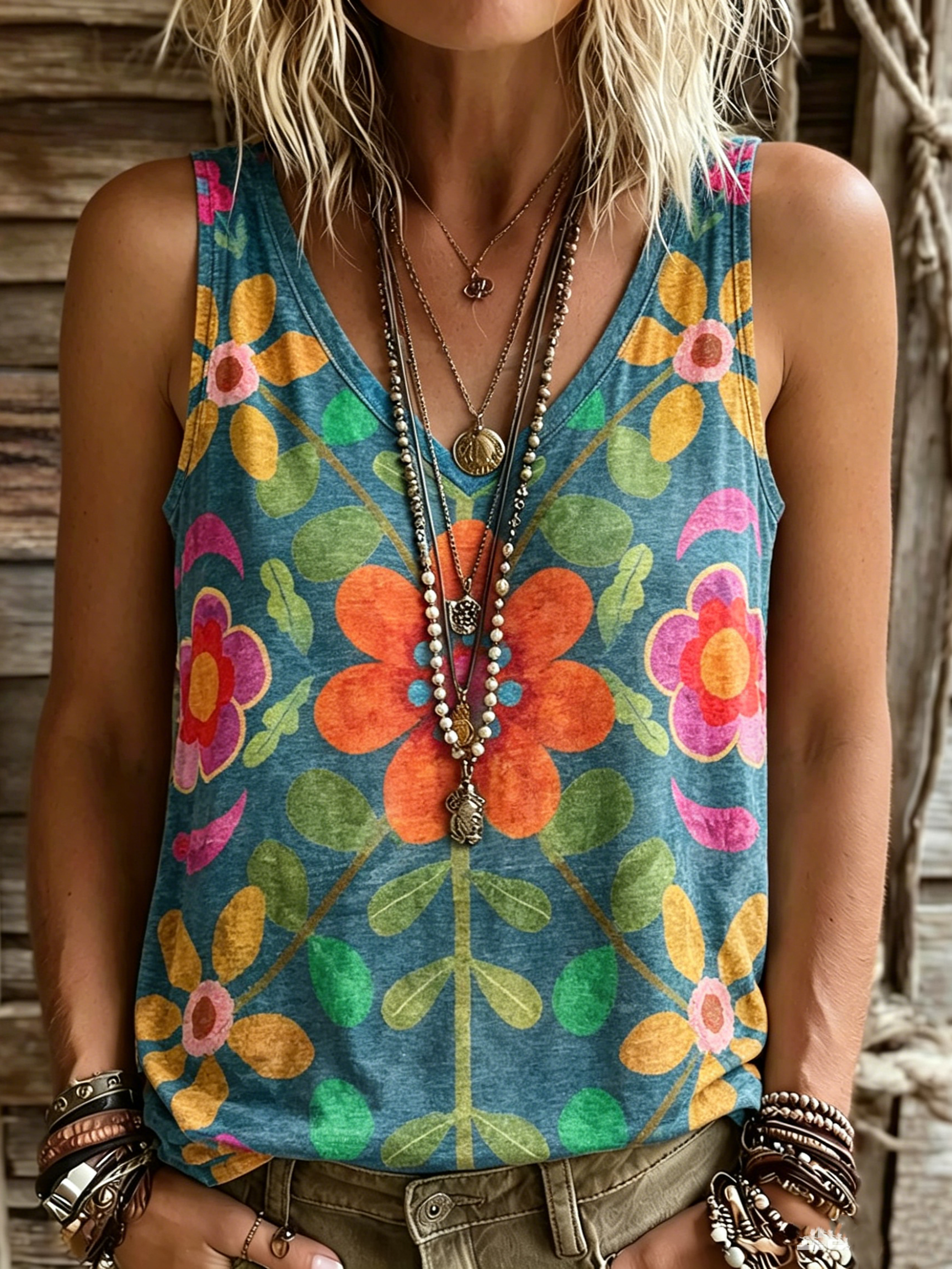 Women's Retro Ethnic Floral Art Print Casual Sleeveless V-neck Cotton Linen Tank