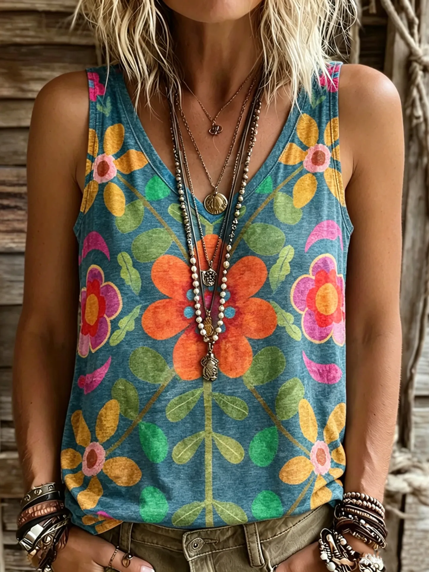 Women's Retro Ethnic Floral Art Print Casual Sleeveless V-neck Cotton Linen Tank