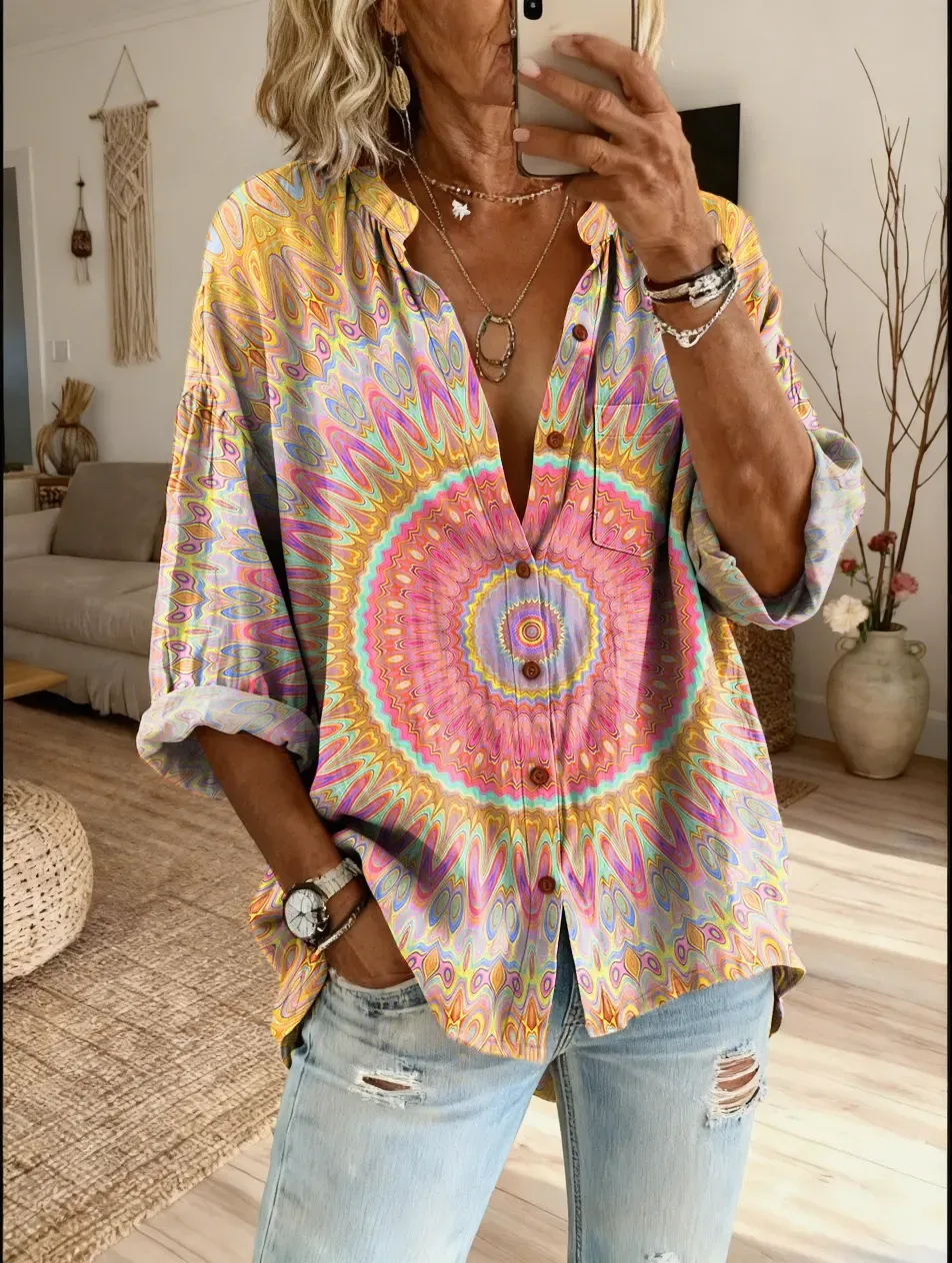 Ethnicity Kaleidoscope Totem Women's Vintage Art Print Casual Cotton And Linen Shirt