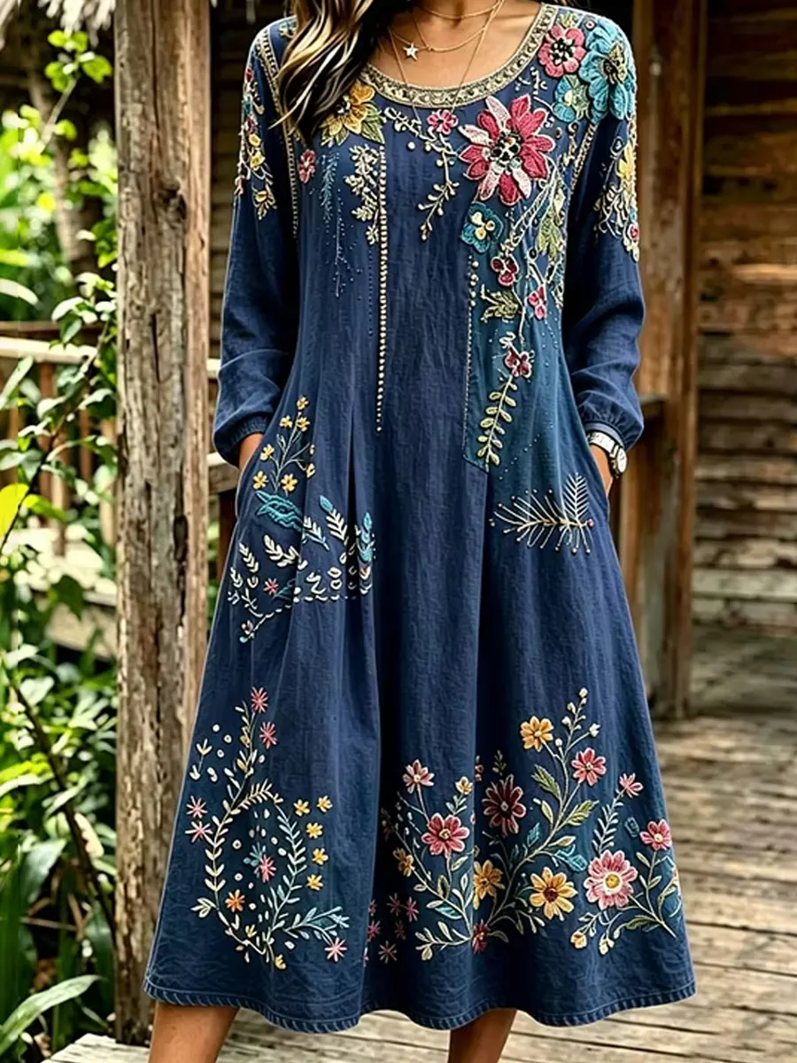 Women's Floral Art Print Cotton Midi Dress