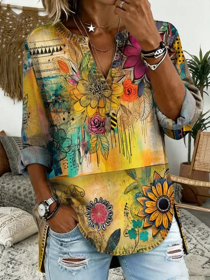 Women's Floral Print V-neck Long-sleeved Denim Shirt