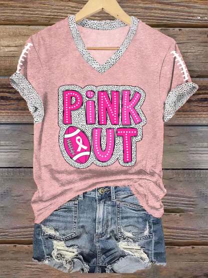 ❤️PINK OUT❤️Women's Pink Out Football Breast Cancer Print T-Shirt
