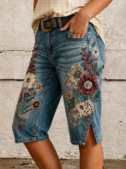 Women's Boho Floral Print Mid-Length Split Hem Denim Bermuda Shorts