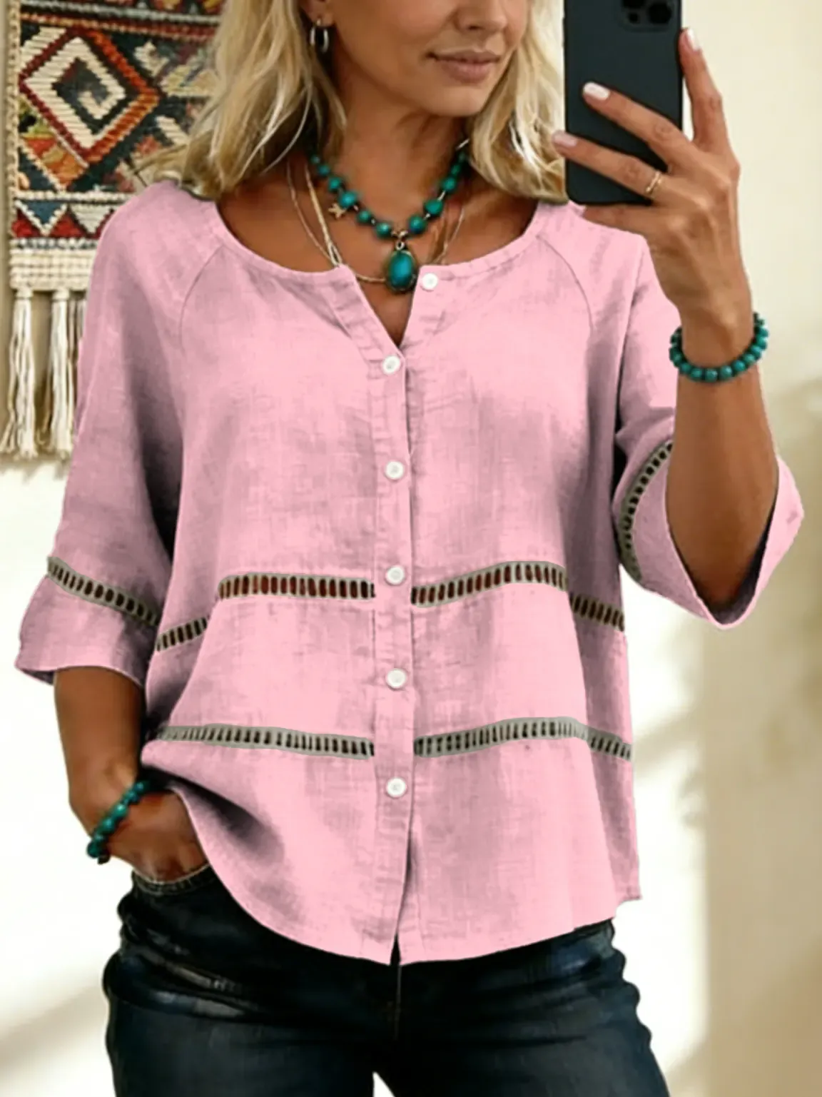 Women's Tie-front Button-up Cotton-linen Blend Short-sleeve Shirt