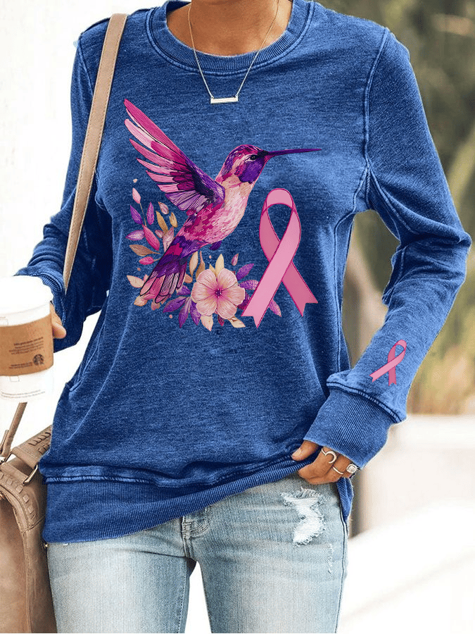 Women's Breast Cancer Awareness Hummingbird Print Crew Neck Sweatshirt