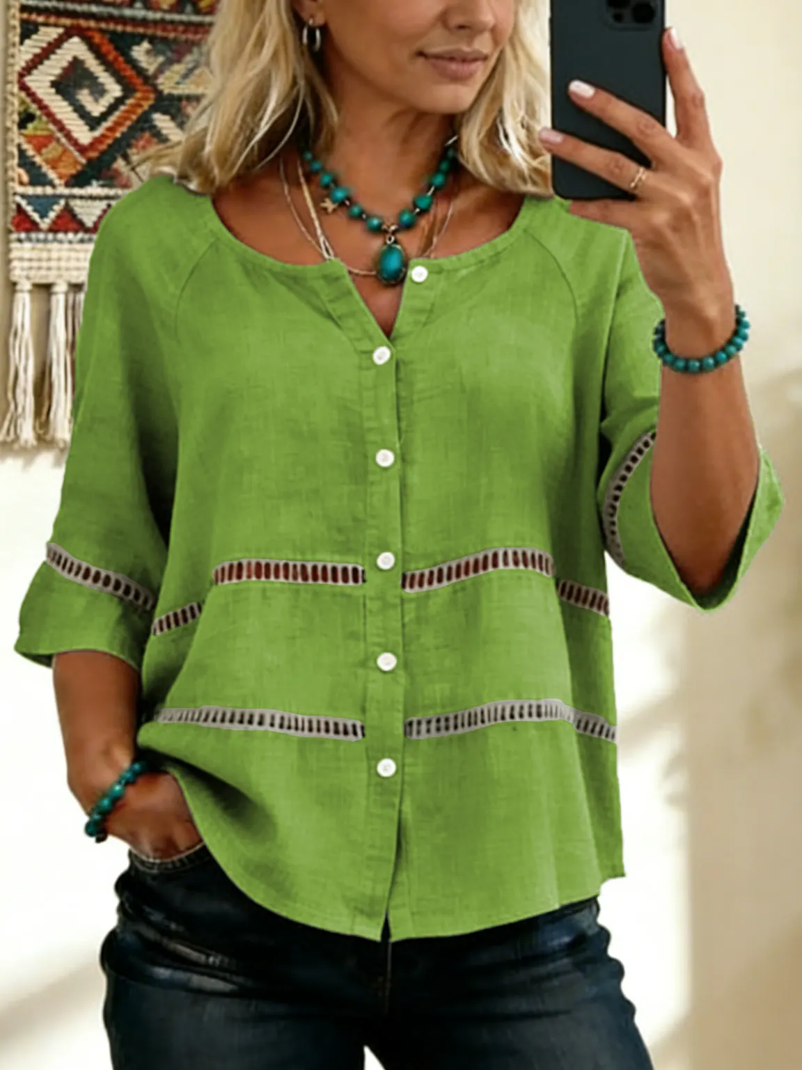 Women's Tie-front Button-up Cotton-linen Blend Short-sleeve Shirt