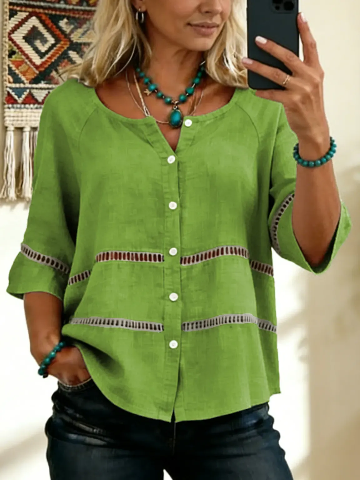 Women's Tie-front Button-up Cotton-linen Blend Short-sleeve Shirt