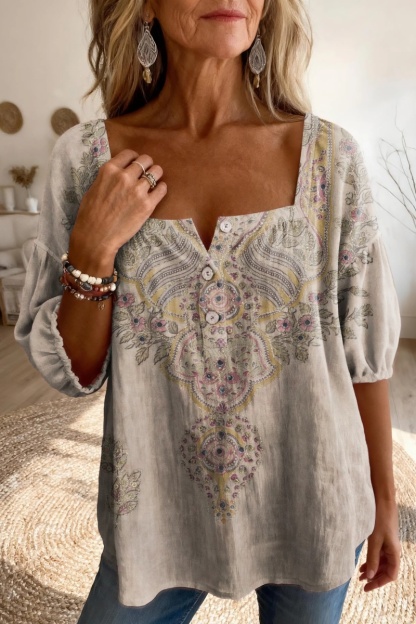 Women'S Retro Floral Print Casual Square Neck Top