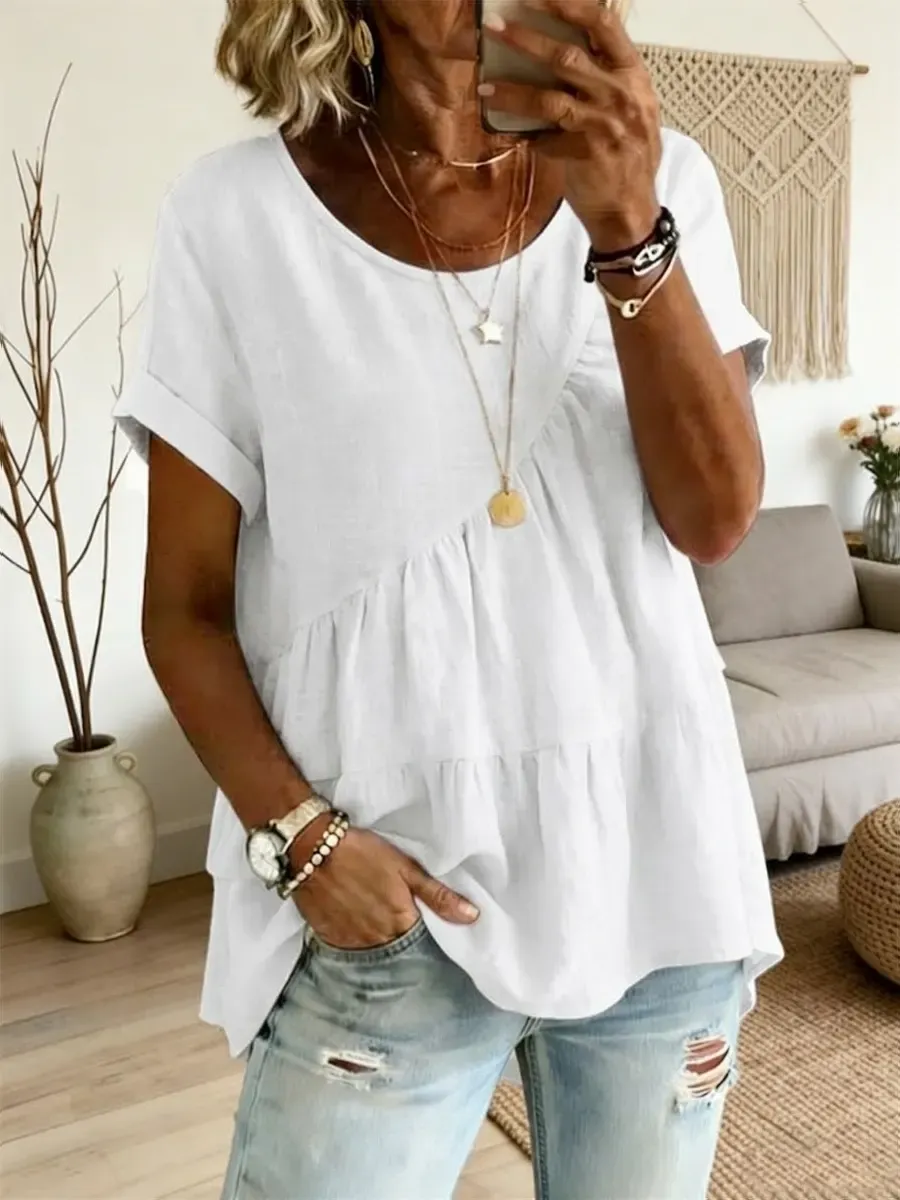 Women's Art Print Round Neck 100% Cotton Loose Short-sleeved Shirt – Side Tether