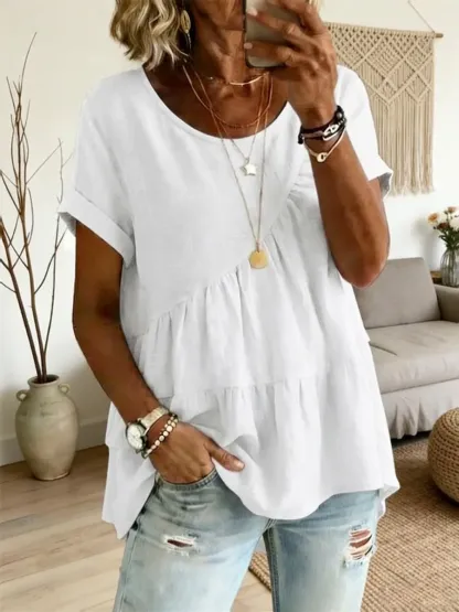 Women's Art Print Round Neck 100% Cotton Loose Short-sleeved Shirt – Side Tether