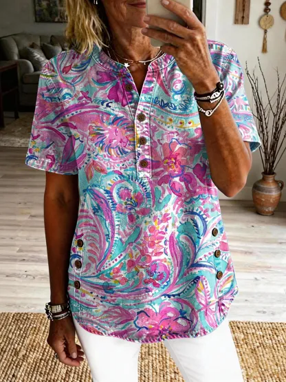Women's Colorful Floral Art Print Casual Short-sleeve Washed Cotton Denim Top