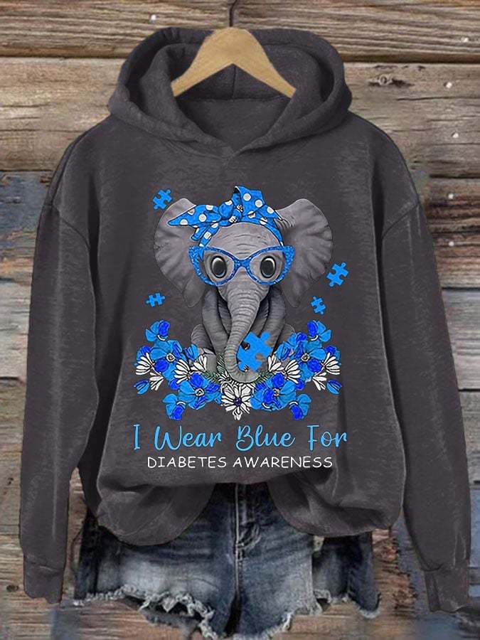 Women'S Retro I Wear Blue For Diabetes Awareness Printed Hoodie