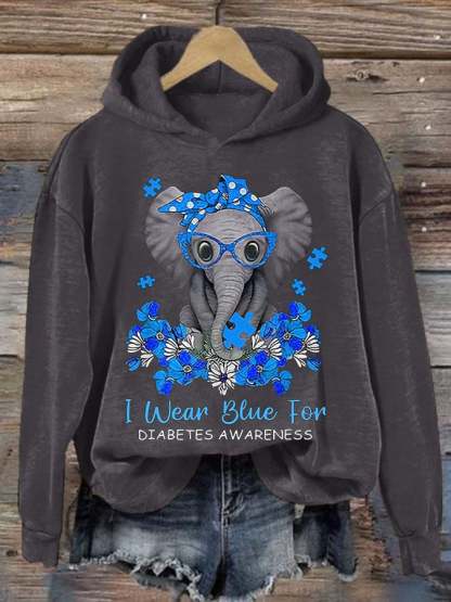 Women'S Retro I Wear Blue For Diabetes Awareness Printed Hoodie