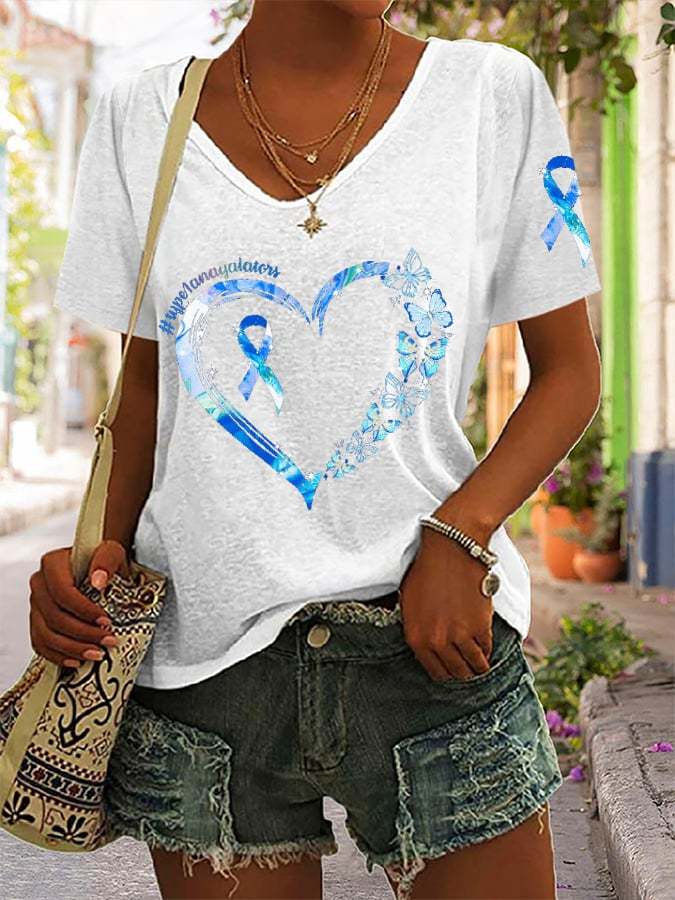 Women's Diabetes Awareness Blue Ribbon Supports Warriors Print Casual T-Shirt