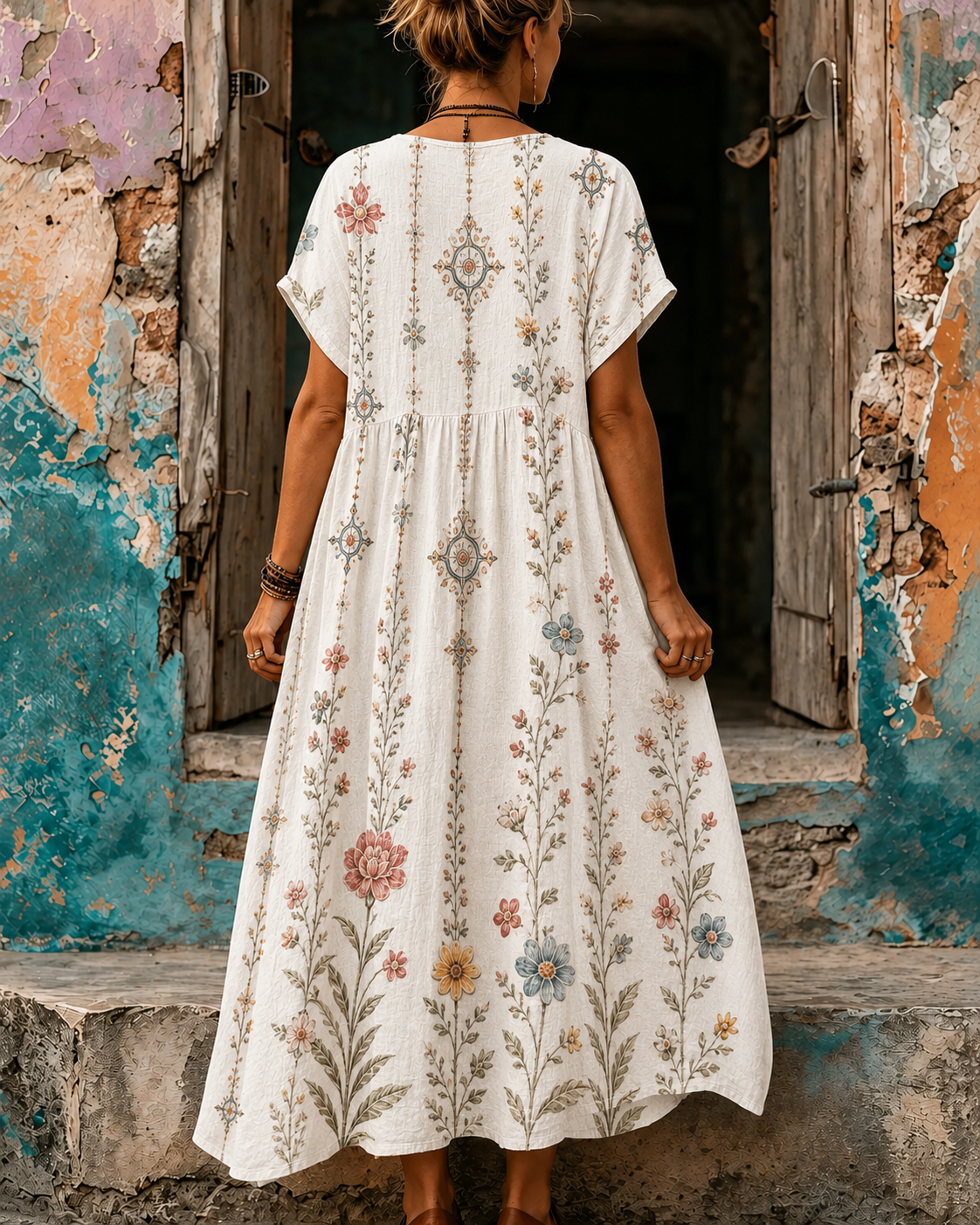 Women's Vacation Linen Retro Boho Floral Print V-Neck Short Sleeve Maxi Dress