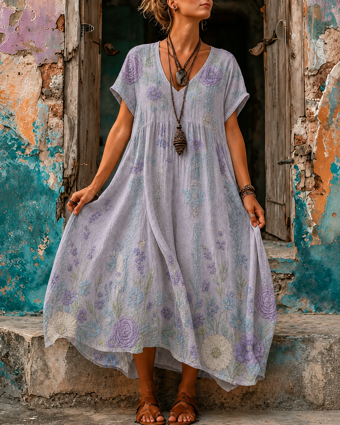Women's Vacation Linen Boho Floral Print V-Neck Short Sleeve Maxi Dress