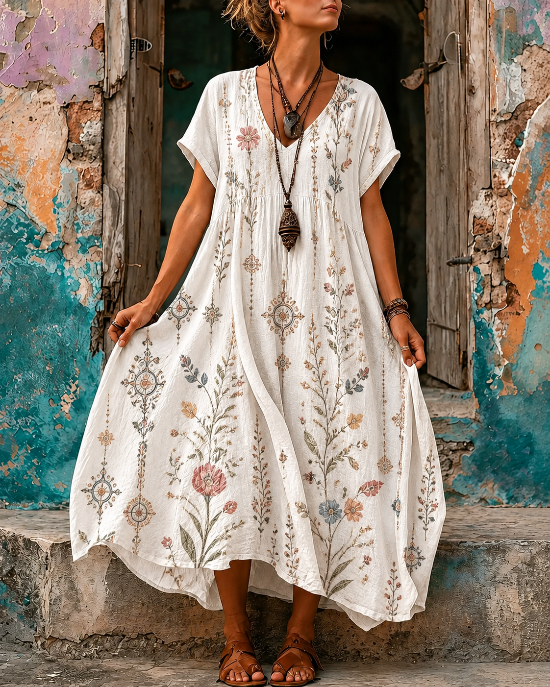 Women's Vacation Linen Retro Boho Floral Print V-Neck Short Sleeve Maxi Dress