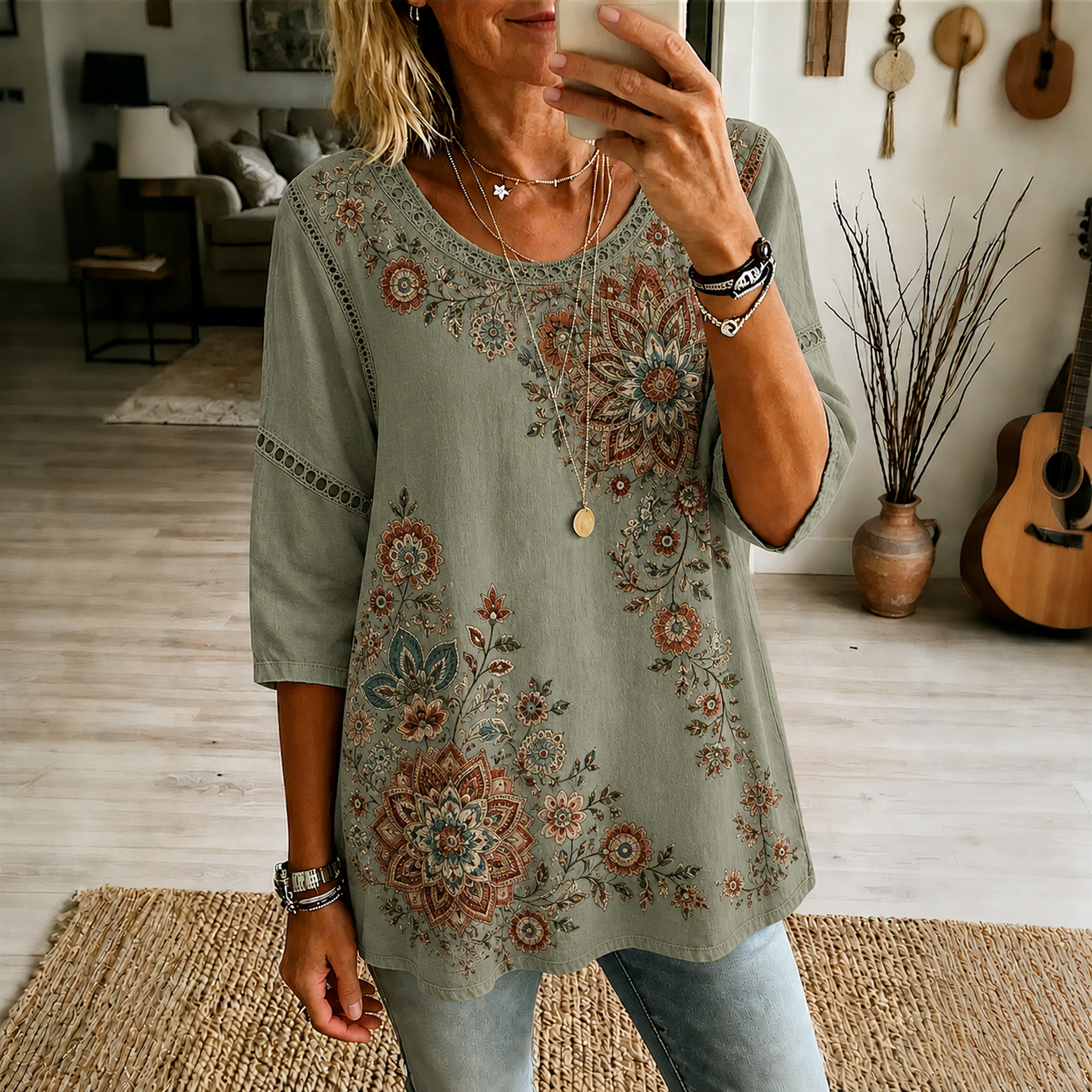 Retro Boho Forlal Print Blouse