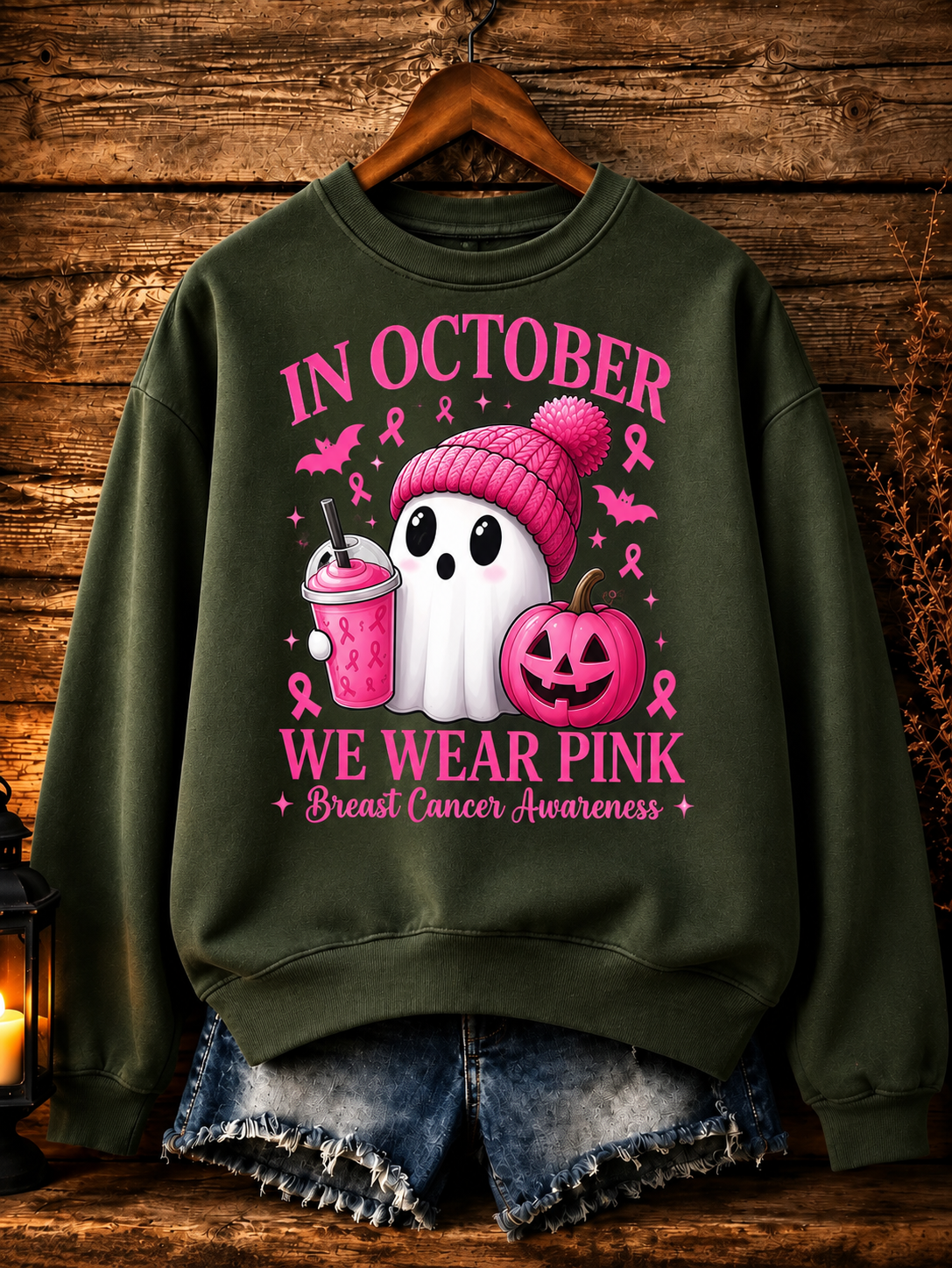 In October We Wear Pink Pattern Crew Neck Sweatshirt