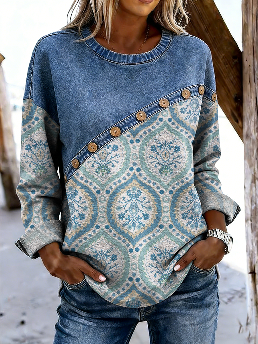 Women's Retro Ethnic Art Print Casual Long-sleeved Round Neck Denim Patchwork Top