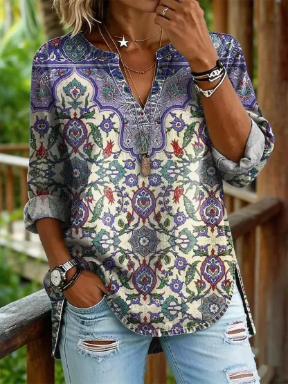 Ethnicity Totem Geometry Purple Women's Art Print Casual V-neck Washed Cotton Denim Top