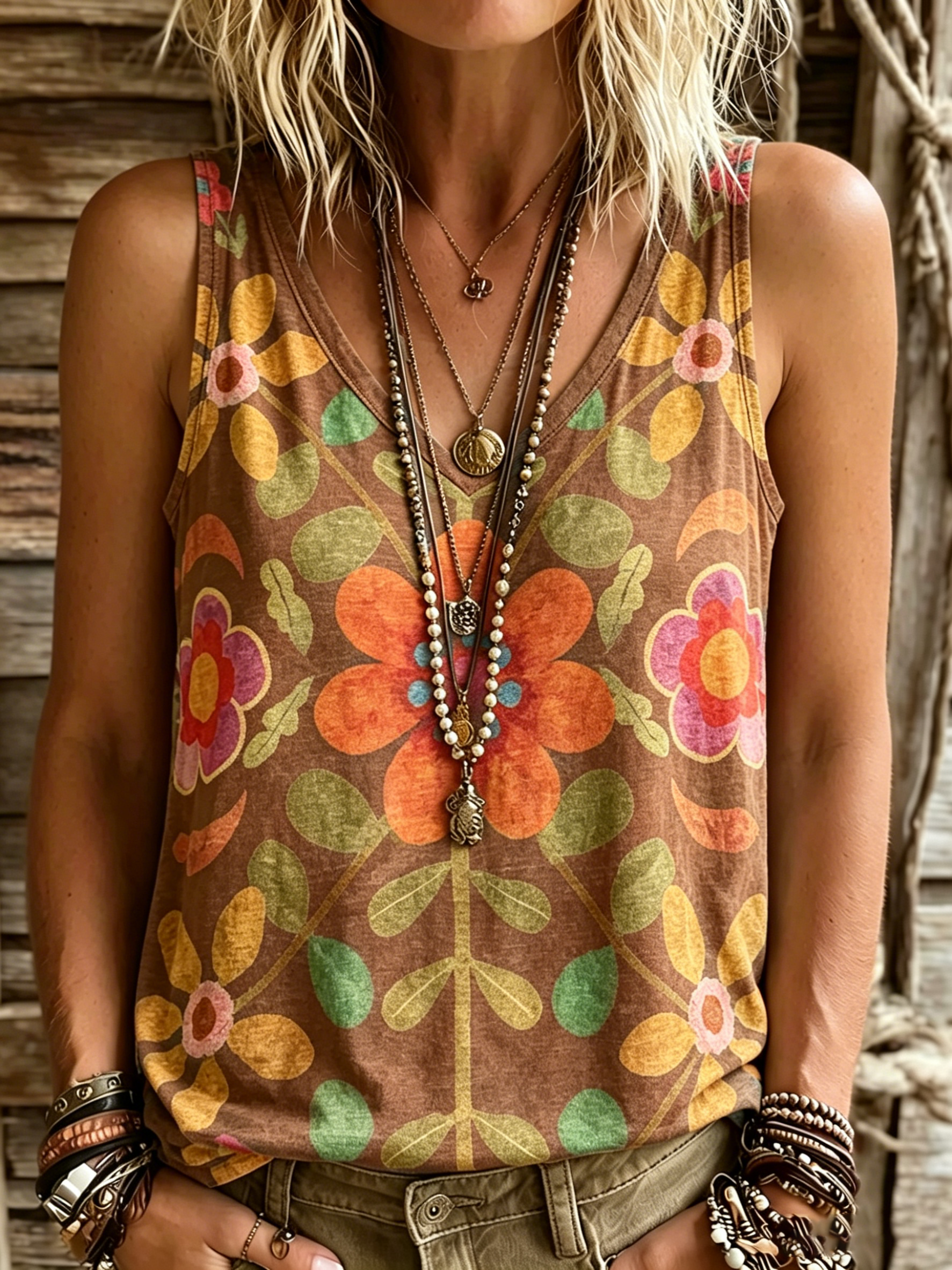 Women's Retro Ethnic Floral Art Print Casual Sleeveless V-neck Cotton Linen Tank