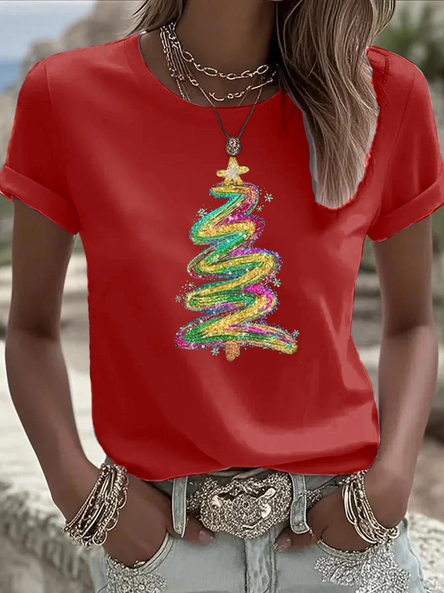 Christmas Tree Pattern Round-Neck 100% Cotton 180g T-Shirt